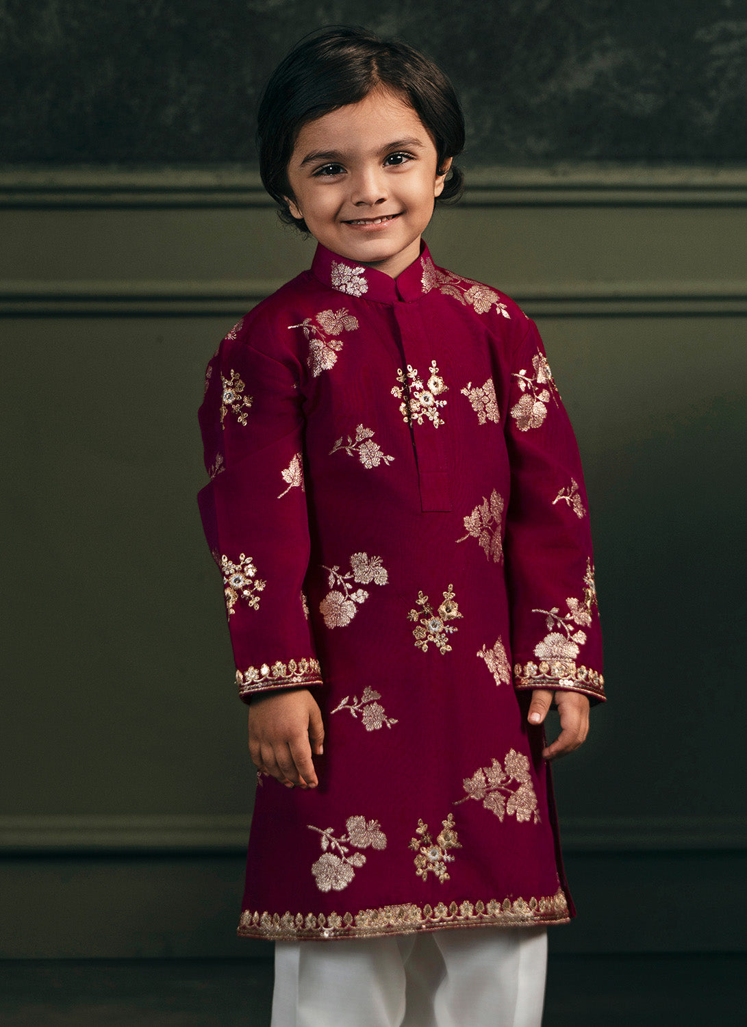 Kids Wine Embroidered Brocade Kurta Set