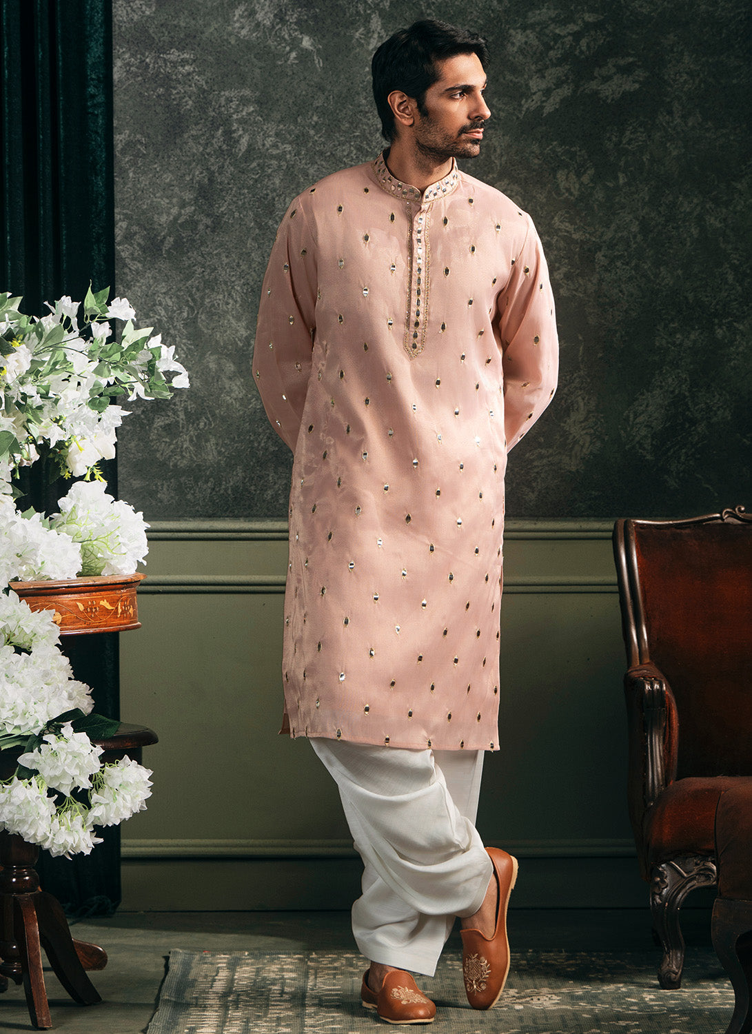 Peach Embroidered Silk Kurta Set