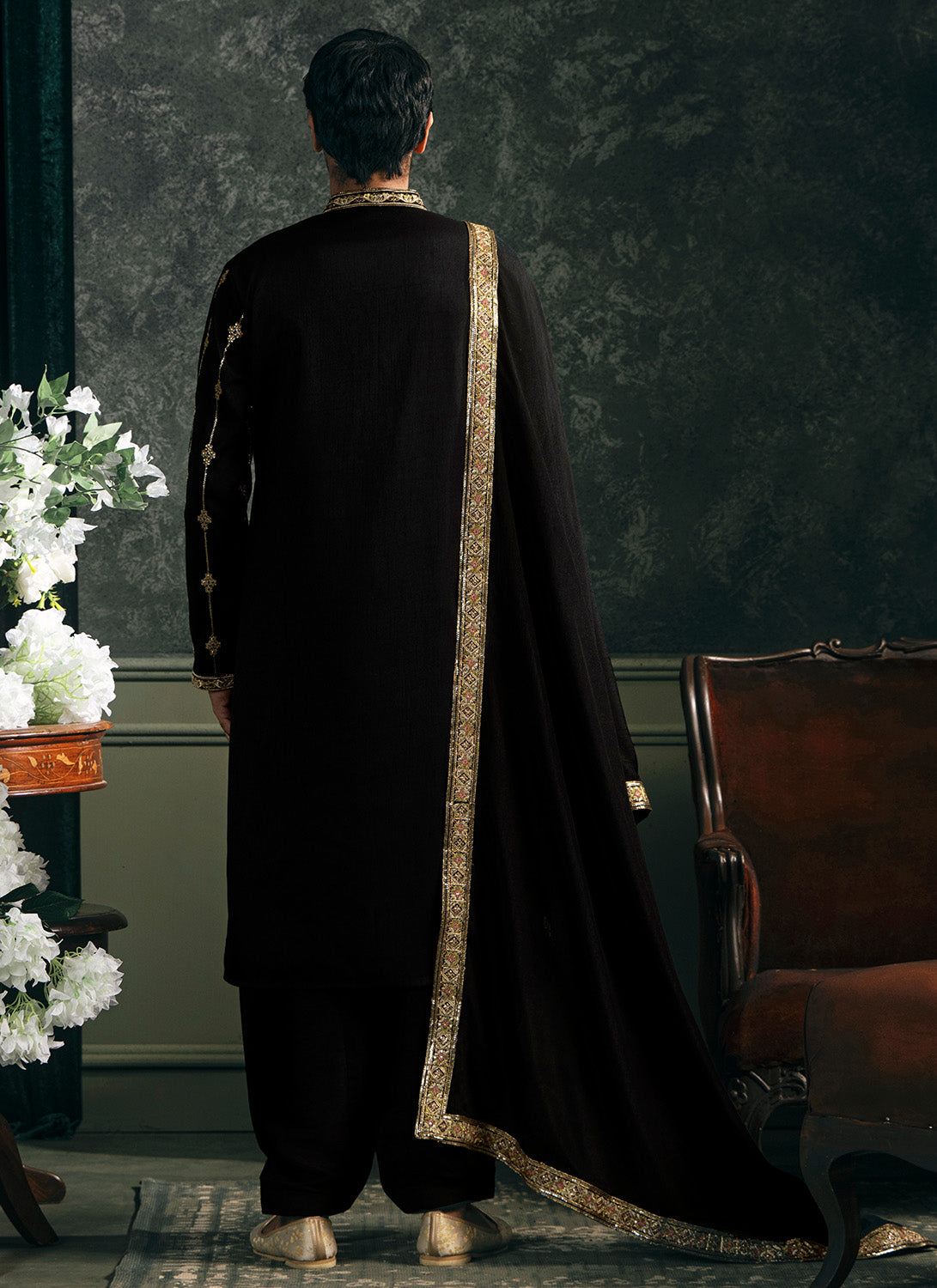 Black Embroidered Silk Kurta Set