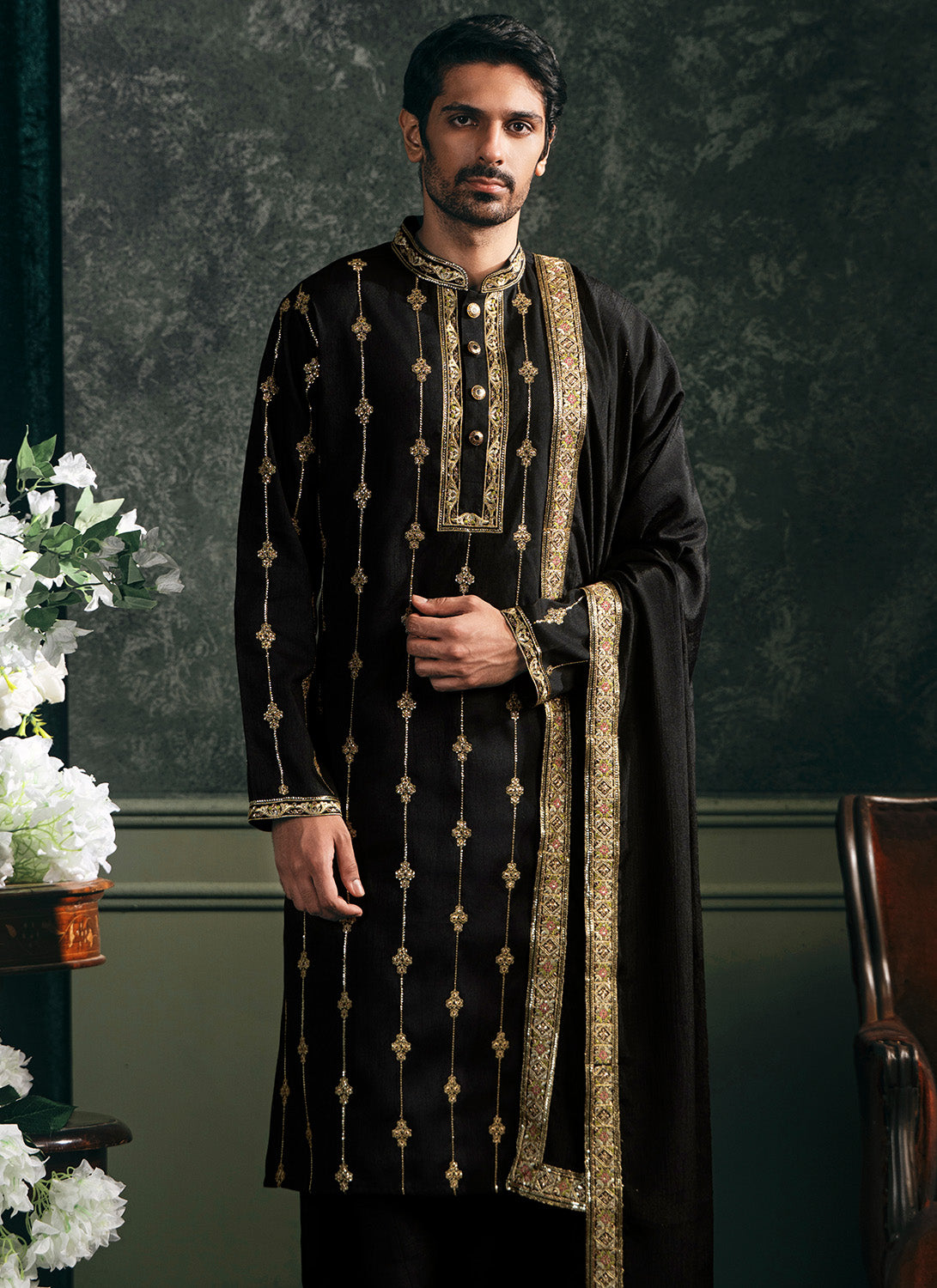 Black Embroidered Silk Kurta Set
