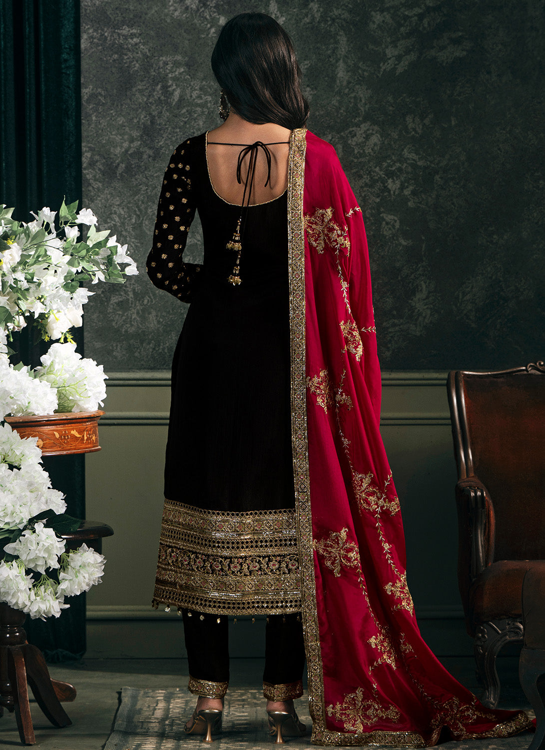 Black and Hot Pink Embroidered Straight Suit