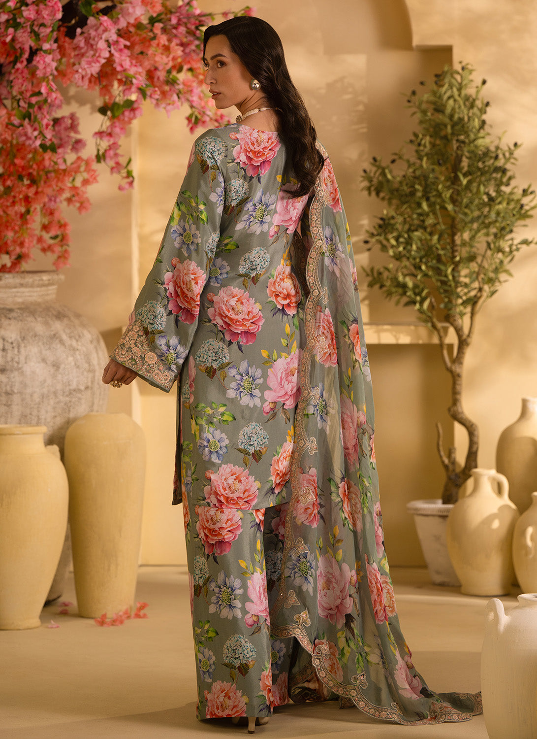 Dusty Mint Floral Embroidered Satin Georgette Palazzo Suit