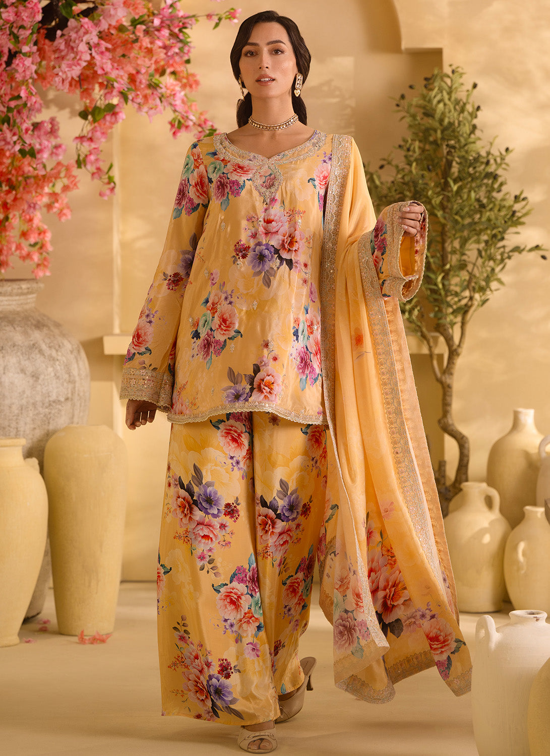 Yellow Floral Embroidered Crepe Silk Palazzo Suit