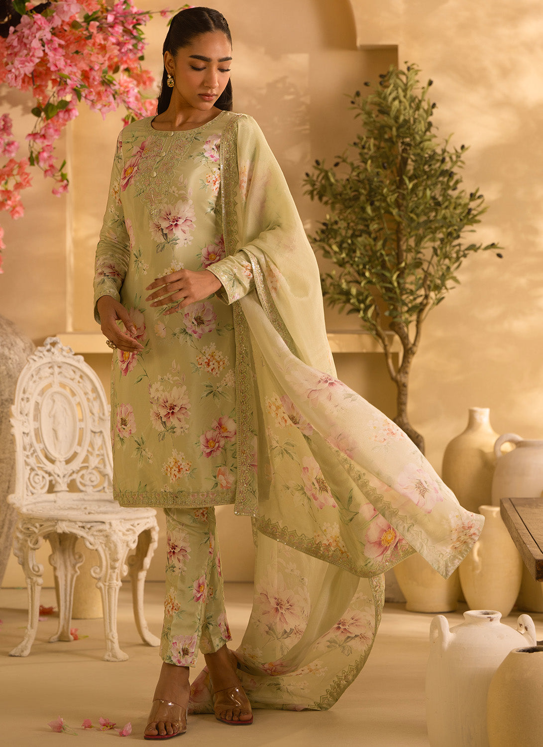 Dusty Green Floral Embroidered Crepe Silk Pant Suit