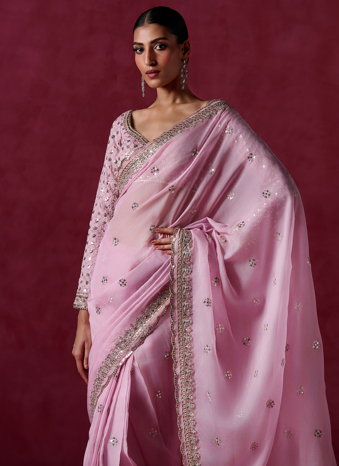 Dusty Pink Embroidered Organza Saree