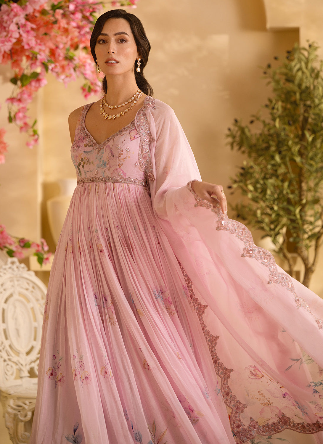 Light Pink Floral Embroidered Organza Anarkali