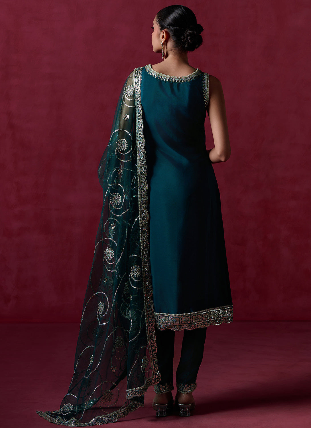 Green Embroidered Crepe Silk Straight Suit