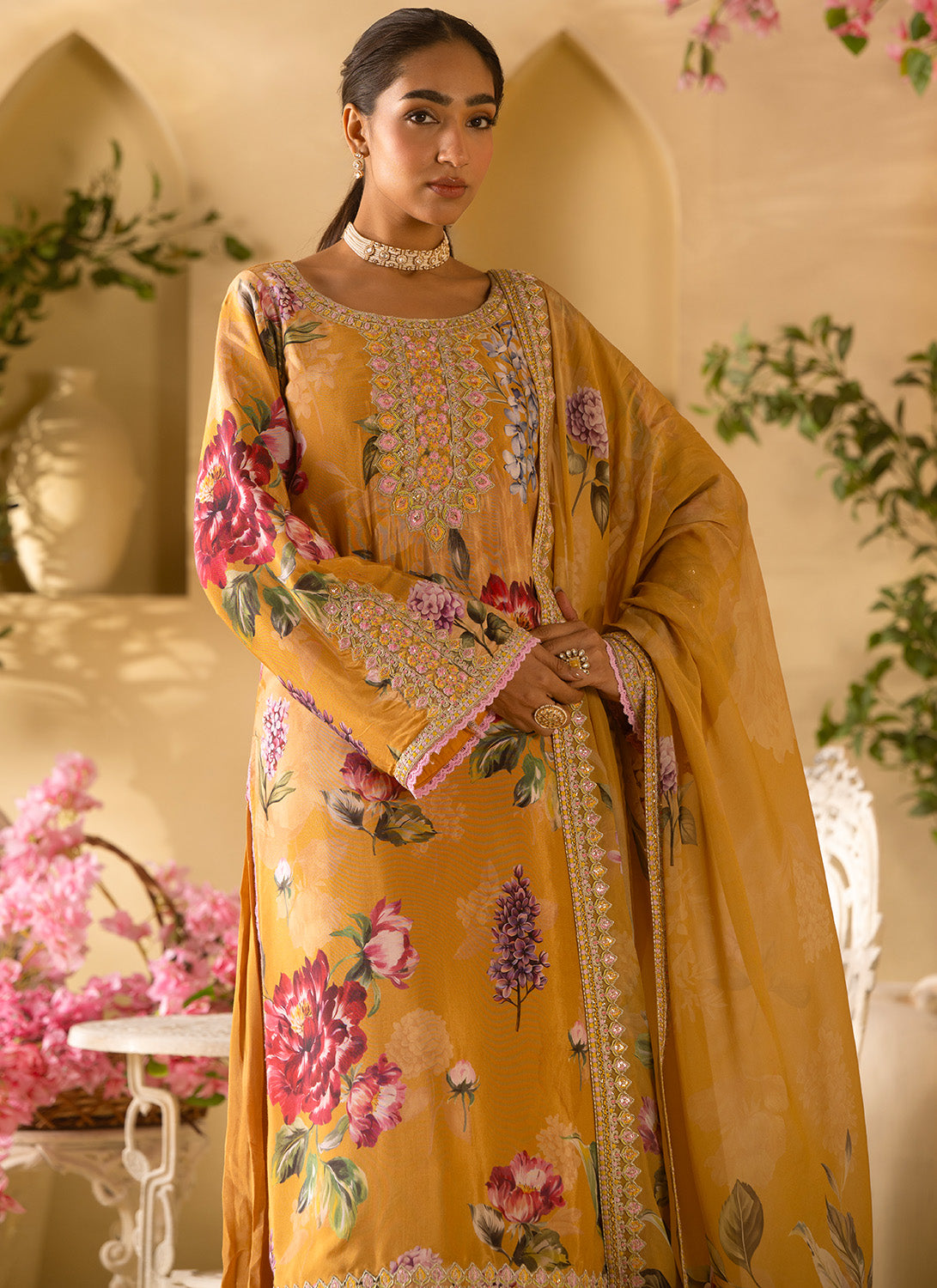 Mustard Floral Embroidered Satin Georgette Sharara Suit