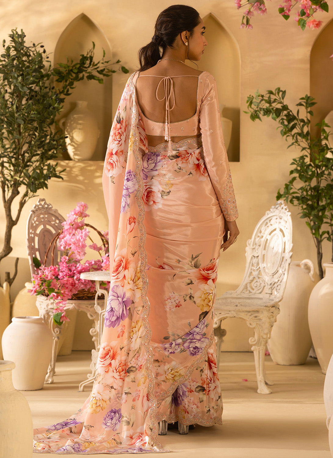 Soft Peach Multicolor Floral Embroidered Crepe Silk Saree