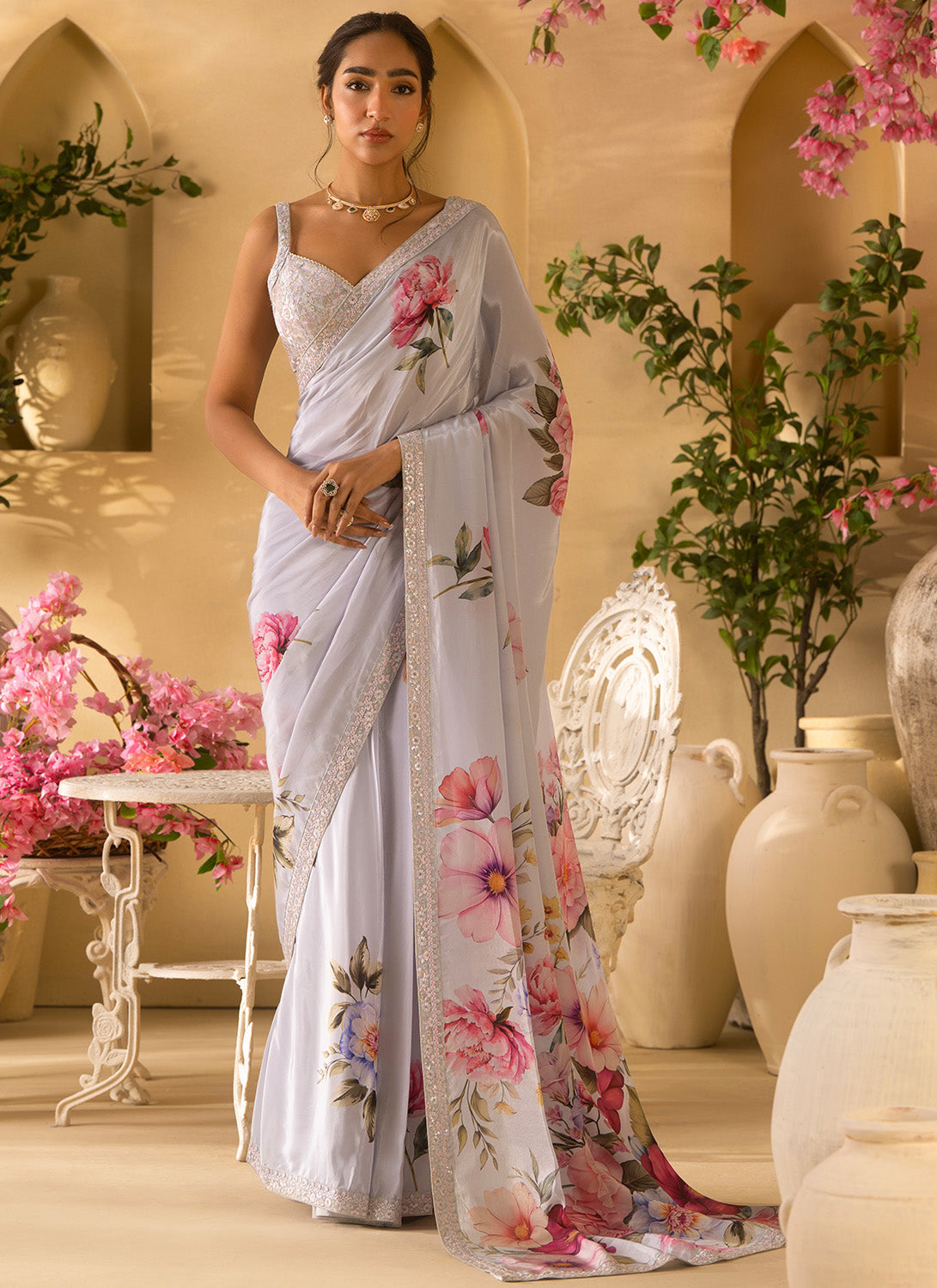 Light Blue Floral Embroidered Crepe Silk Saree