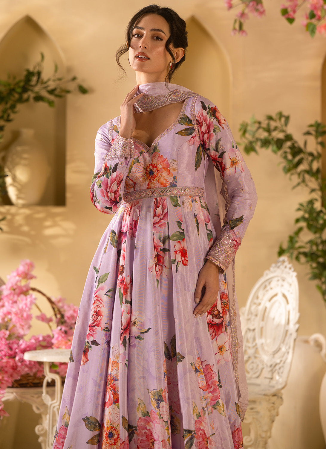 Lilac Floral Embroidered Satin Georgette Anarkali Suit