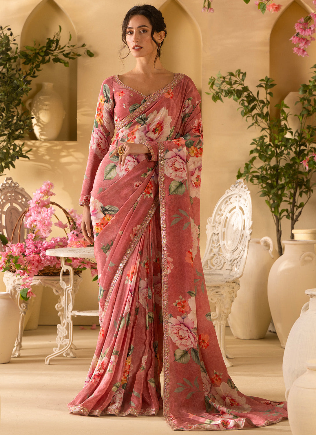 Dusty Rose Floral Embroidered Crepe Silk Saree