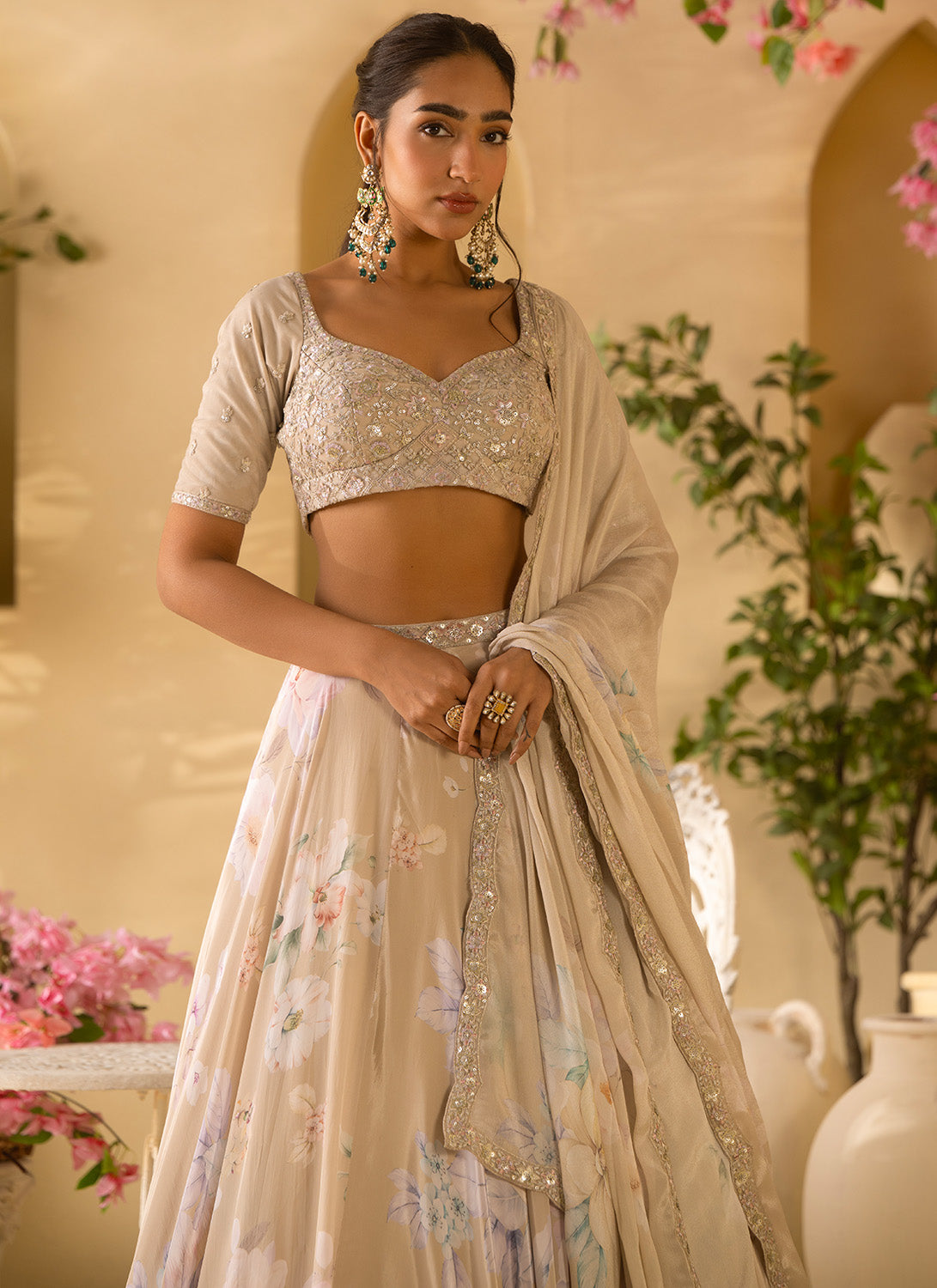 Dusty Sage Green Floral Embroidered Crepe Silk Lehenga