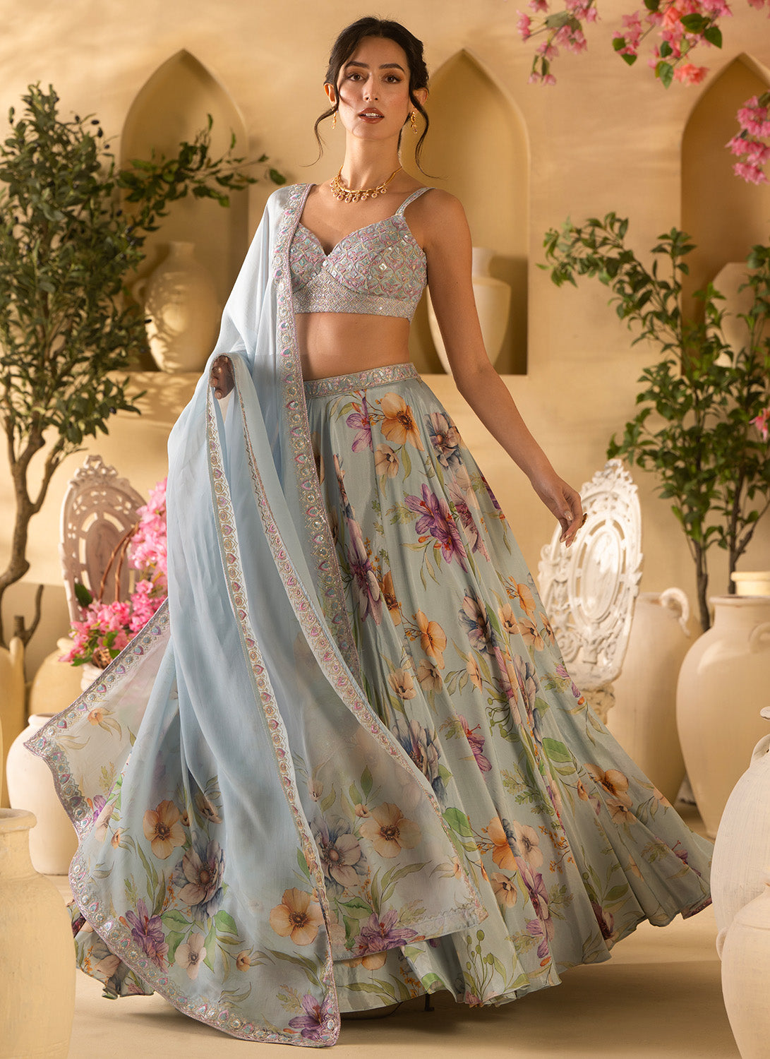 Dusty Blue Floral Embroidered Satin Georgette Lehenga