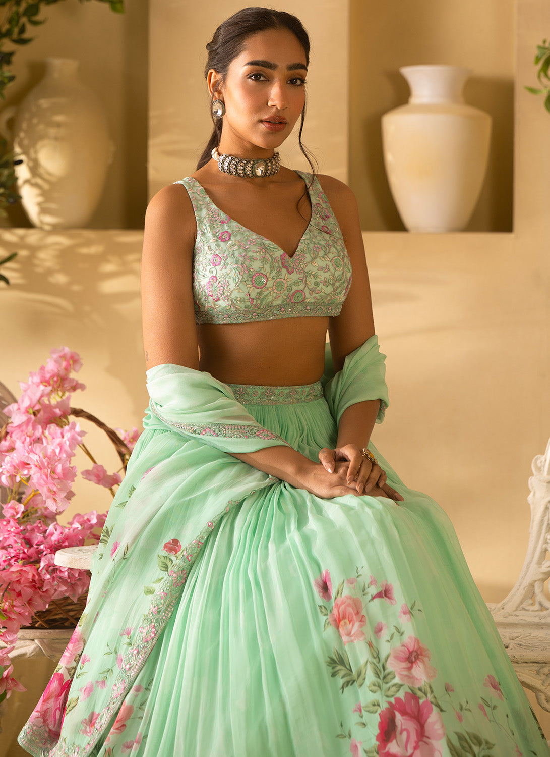 Mint Green Floral Embroidered Organza Lehenga
