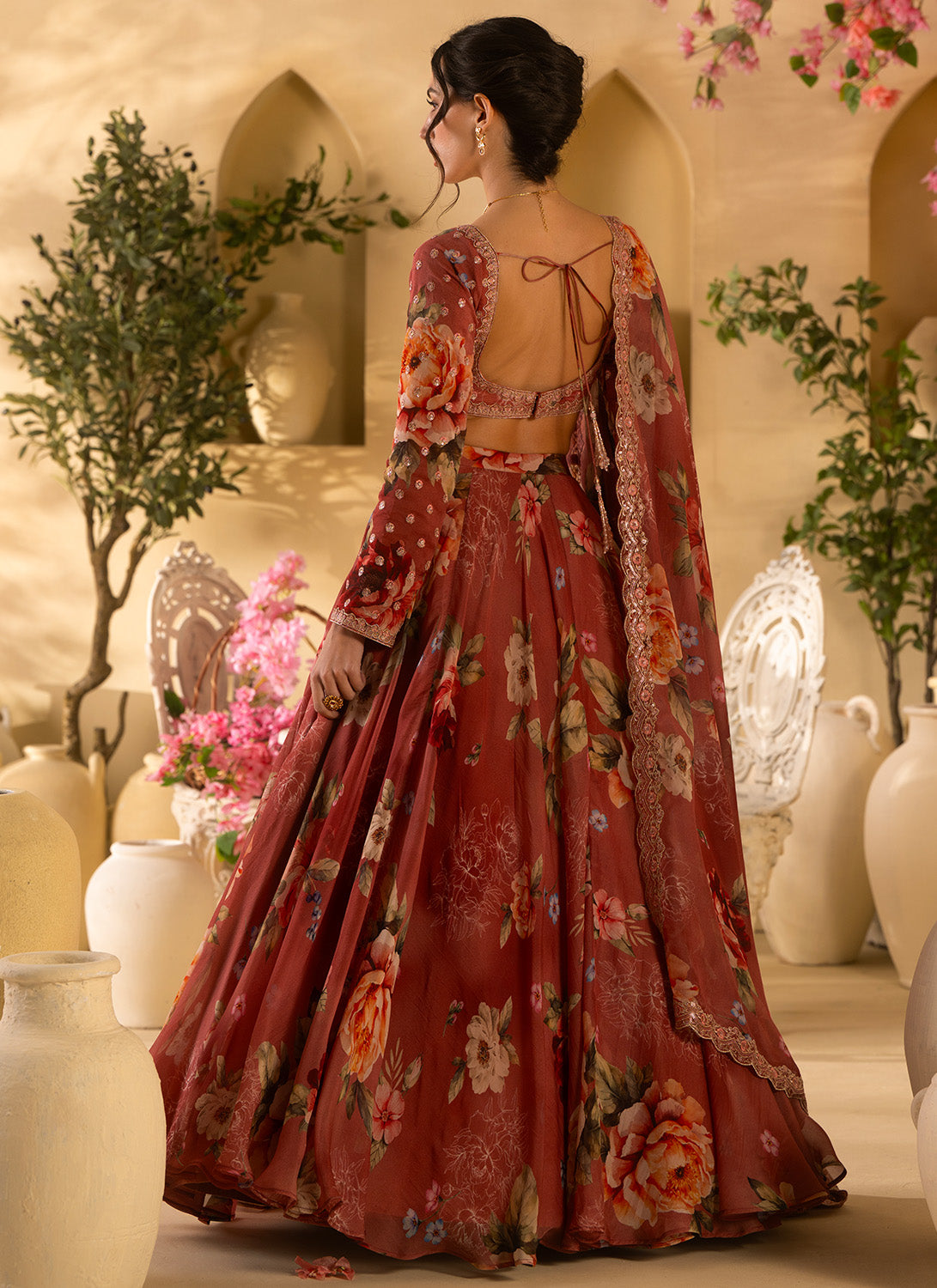Dusty Rose Floral Embroidered Organza Lehenga