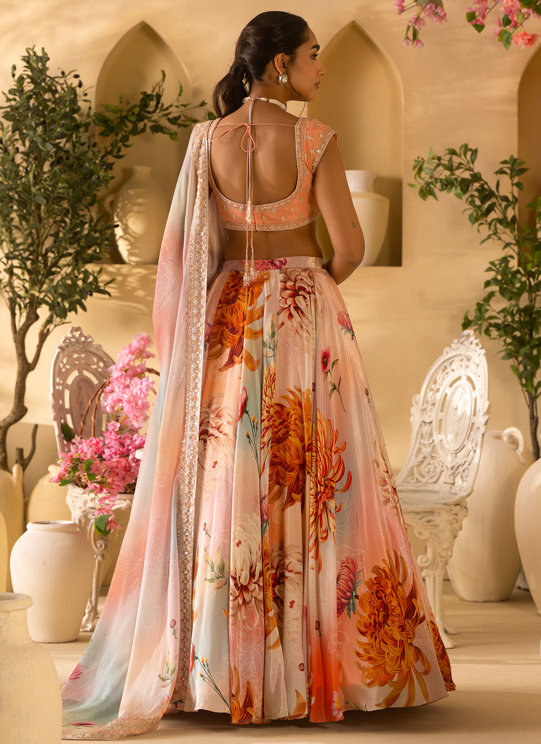 Multicolor Floral Embroidered Crepe Silk Lehenga