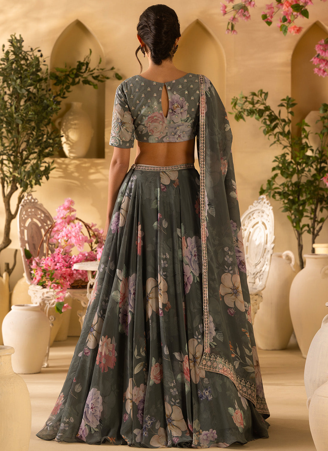 Green Floral Embroidered Organza Lehenga