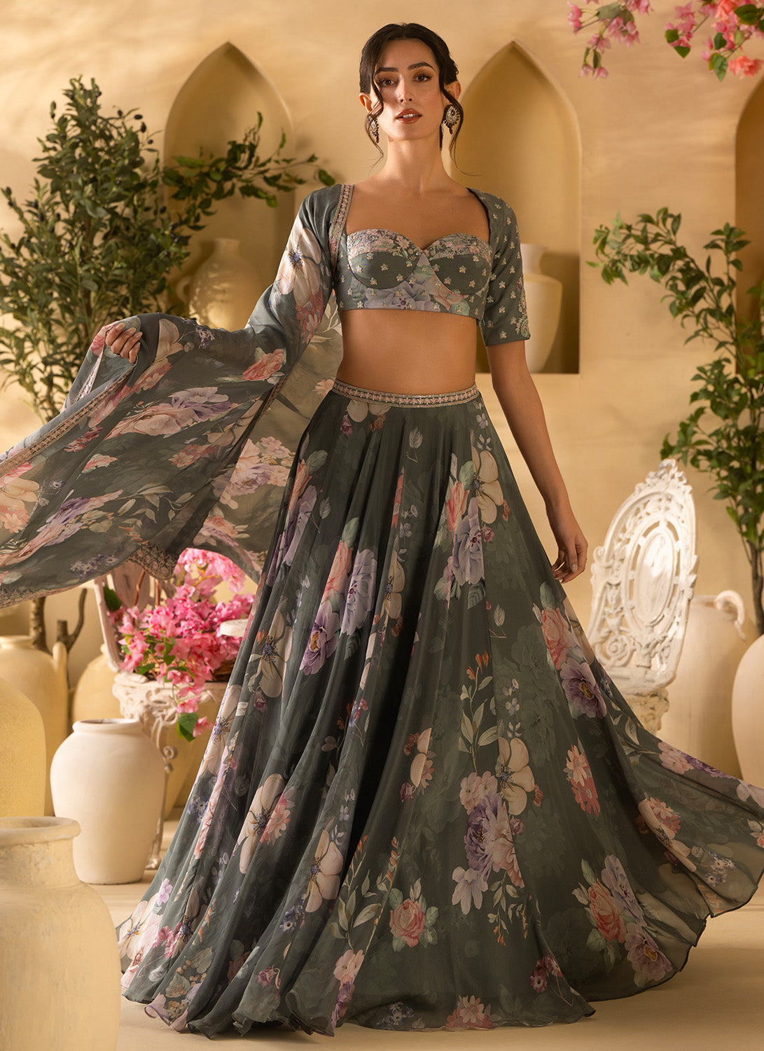 Green Floral Embroidered Organza Lehenga