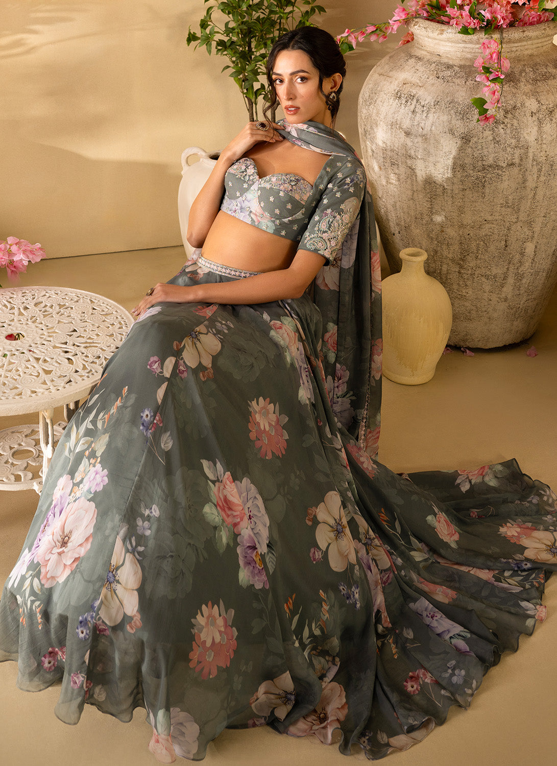 Green Floral Embroidered Organza Lehenga