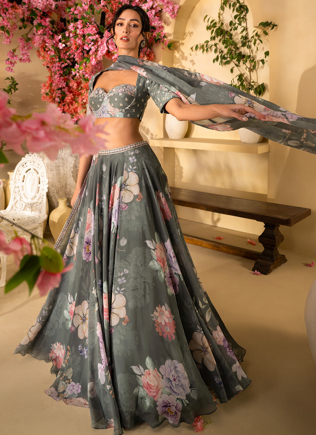 Green Floral Embroidered Organza Lehenga