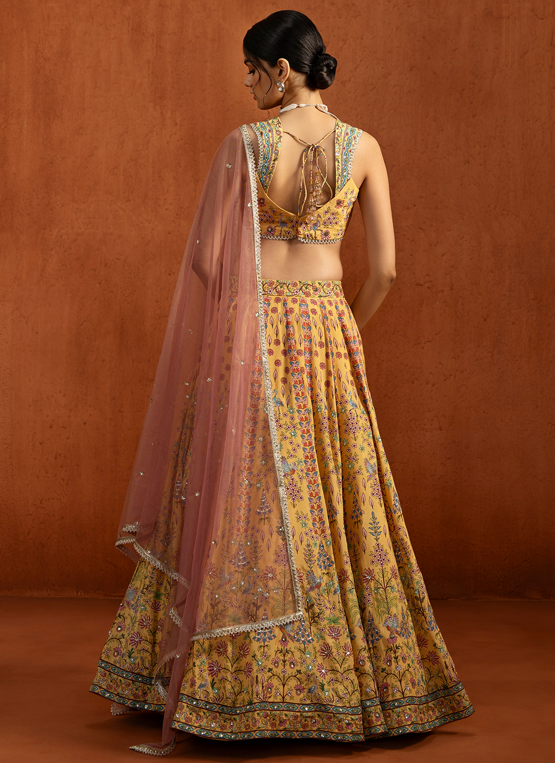 Yellow Multicolor Printed Viscose Silk Lehenga