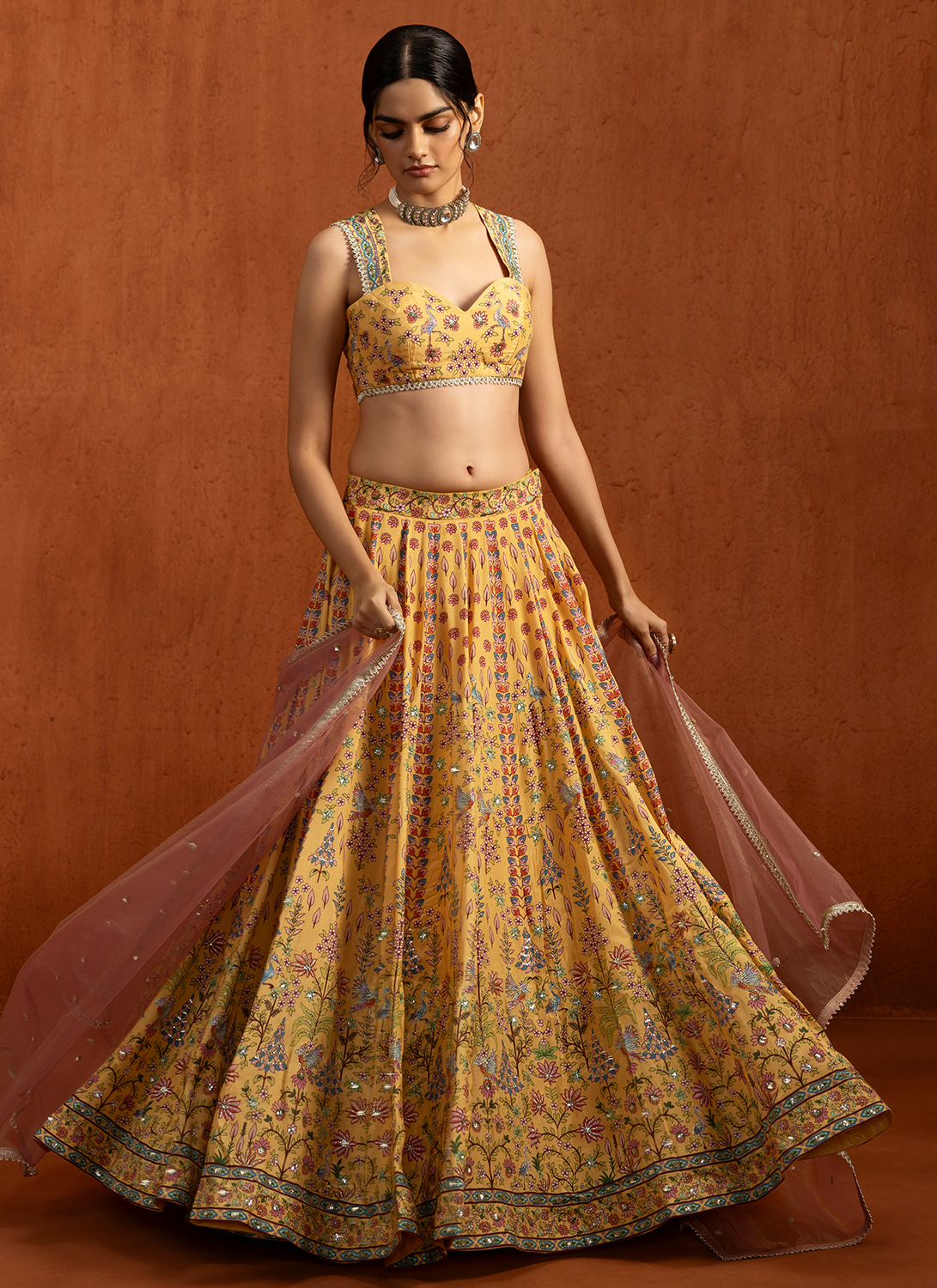 Yellow Multicolor Printed Viscose Silk Lehenga