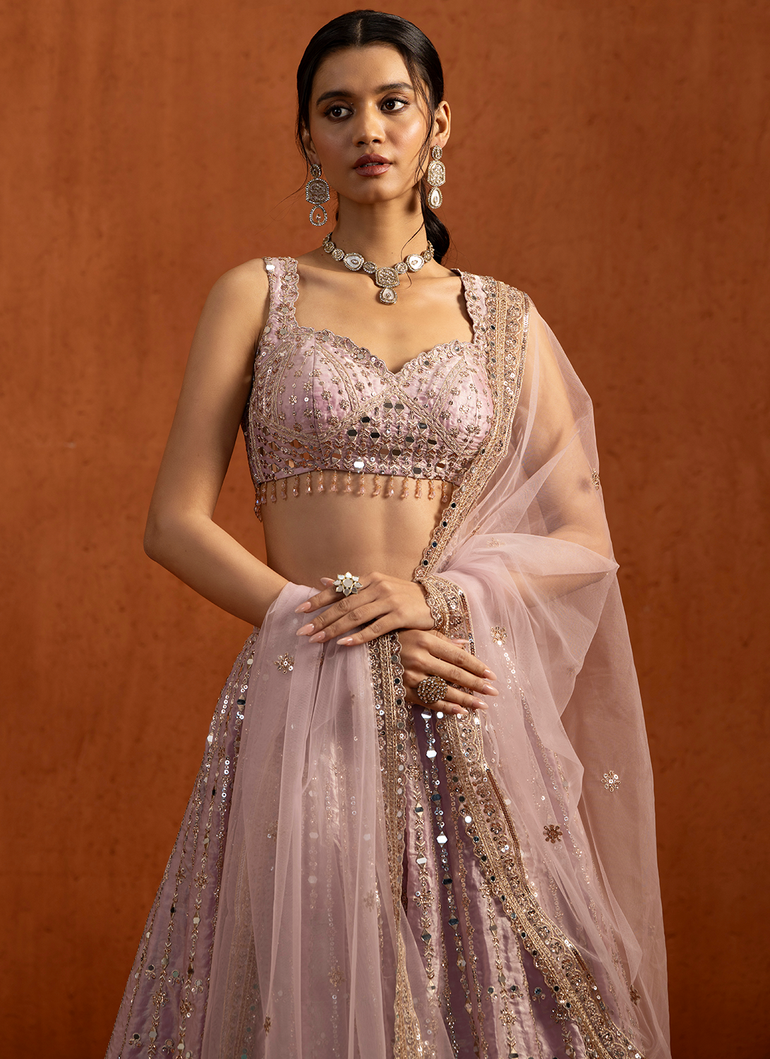 Lilac Embroidered Satin Lehenga