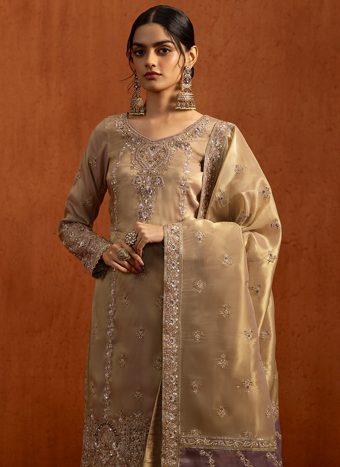 Champagne Gold Embroidered Silk Palazzo Suit