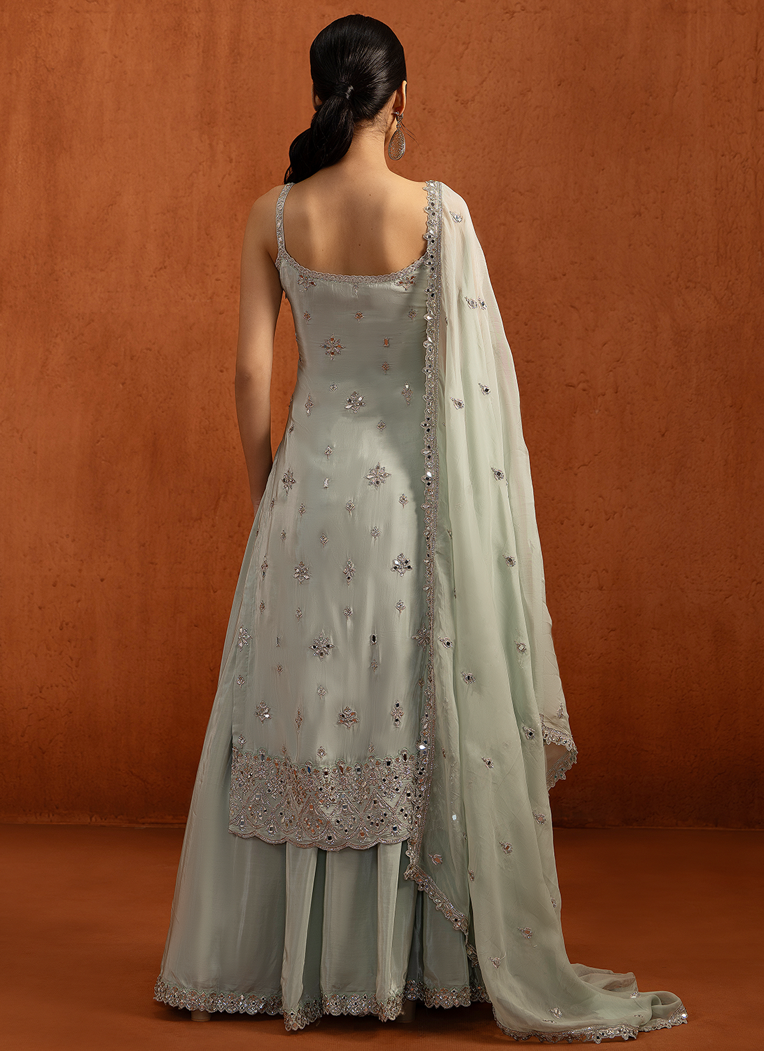 Mint Embroidered Viscose Crepe Sharara Suit