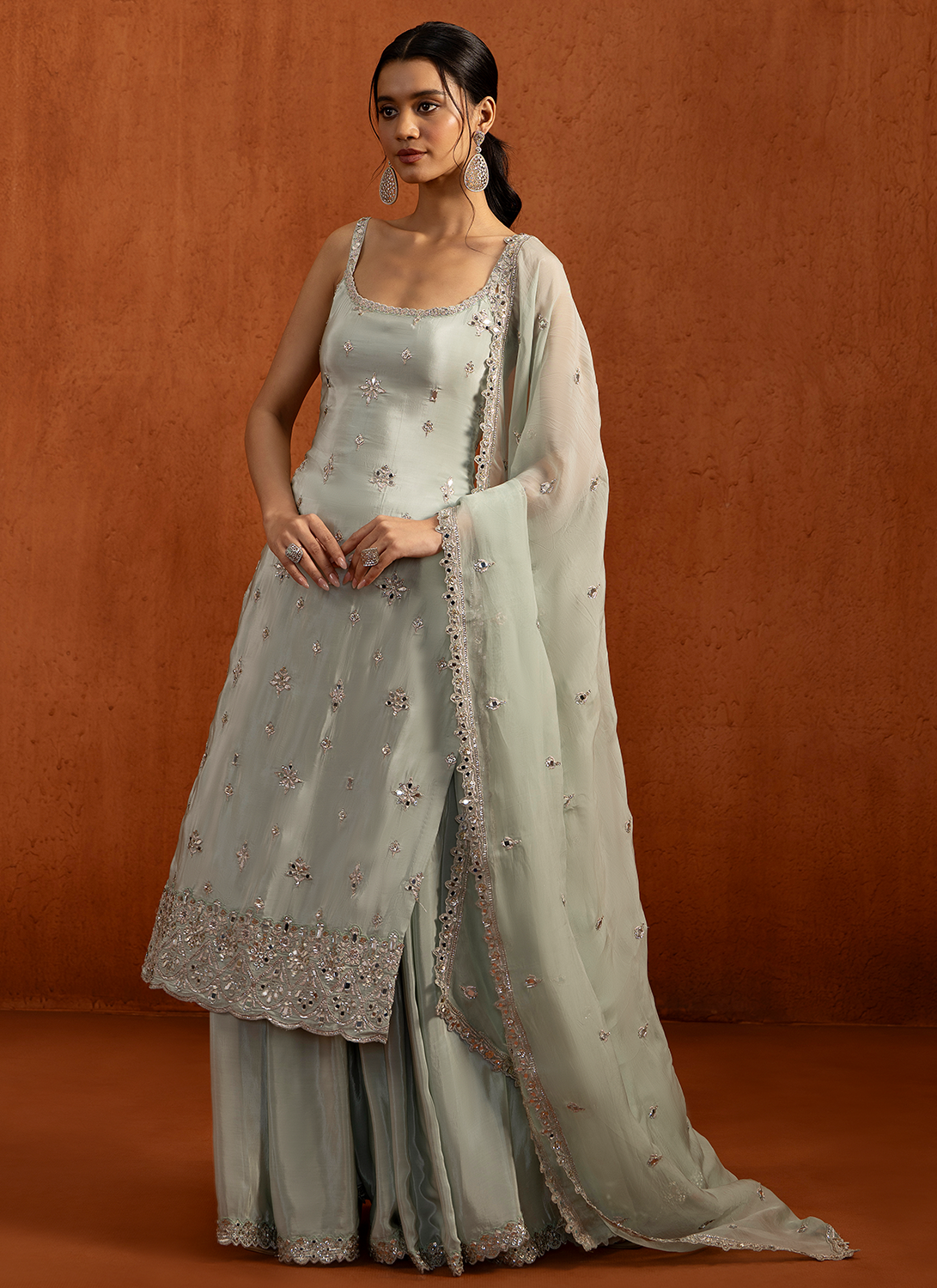 Mint Embroidered Viscose Crepe Sharara Suit