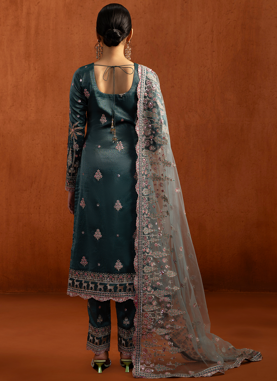 Teal Blue Embroidered Viscose Tissue Pant Suit