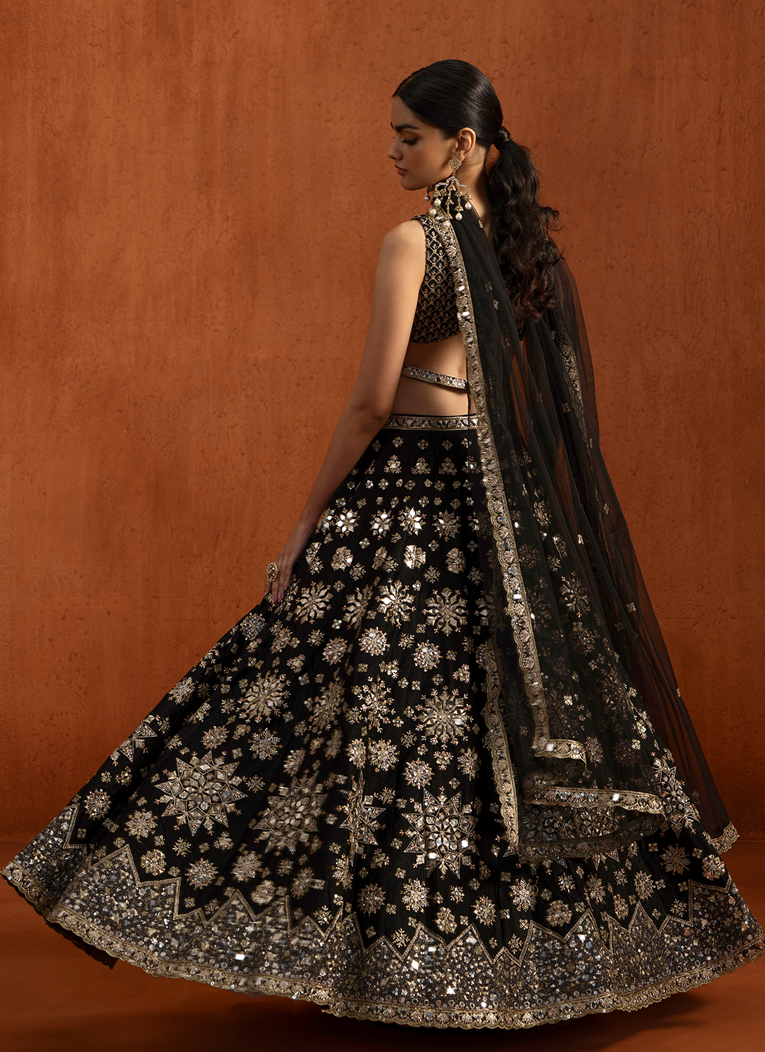 Black Embroidered Velvet Satin Lehenga
