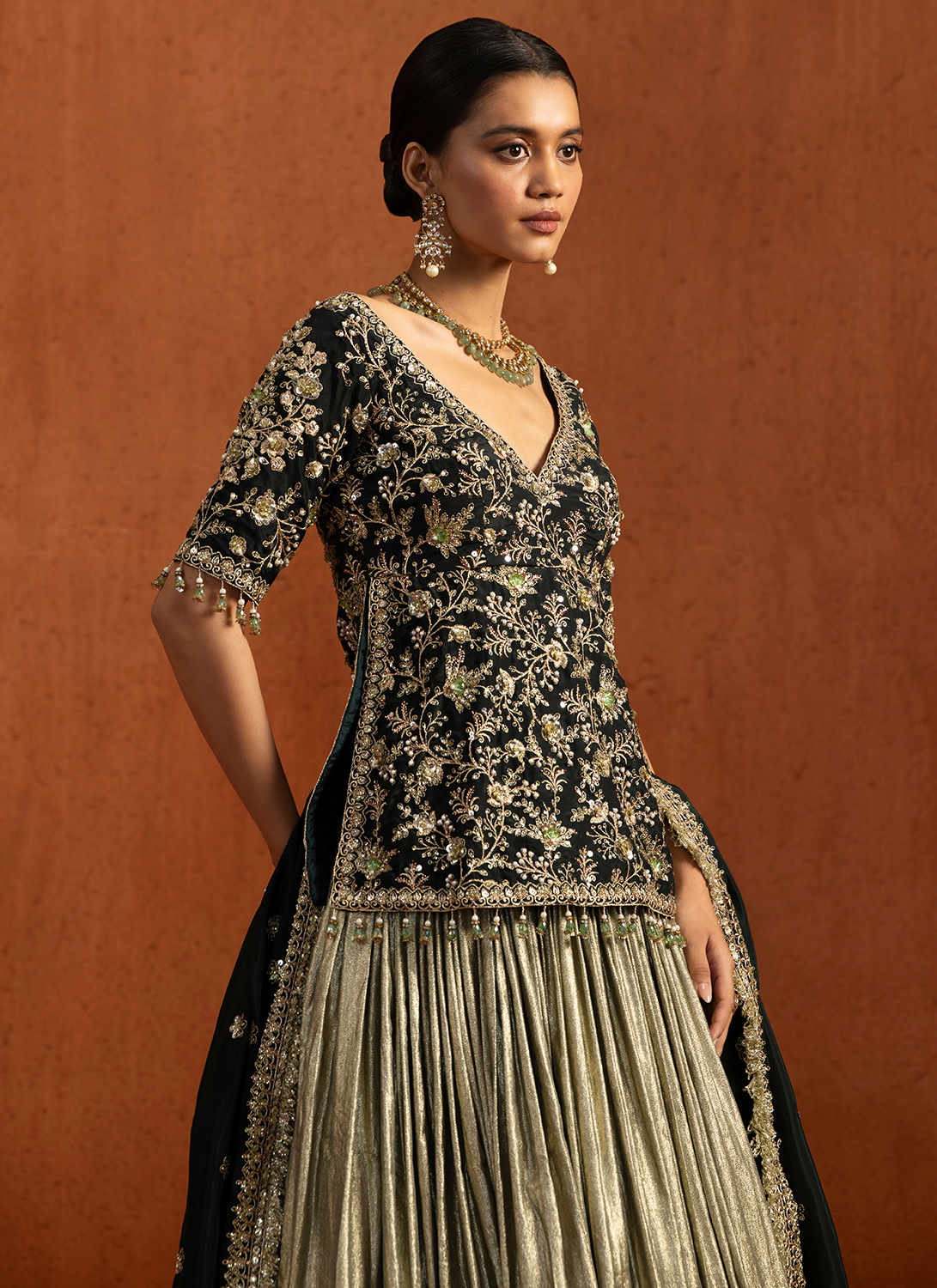 Green Embroidered Lampi Kurti Style Lehenga