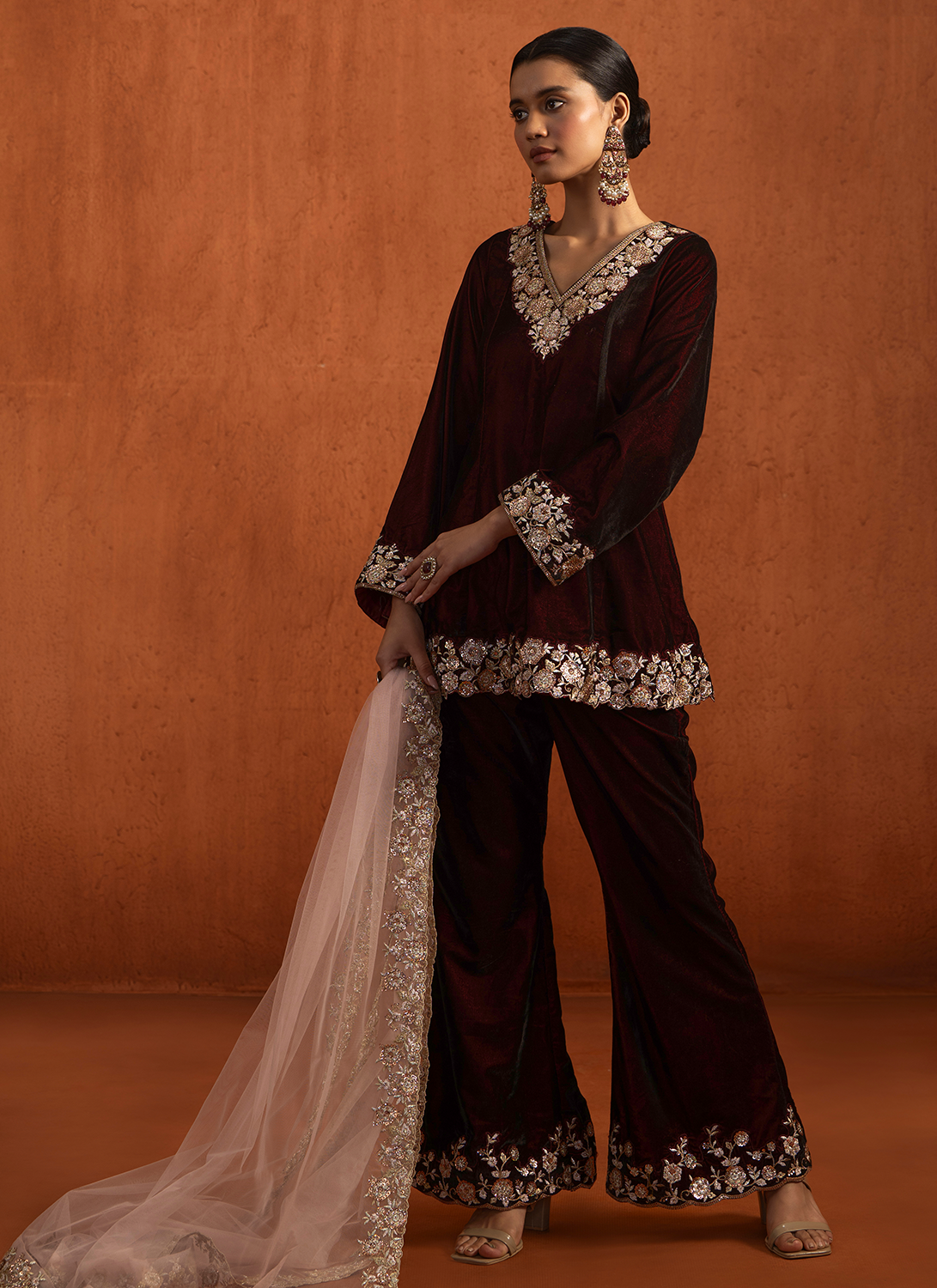 Maroon Embroidered Velvet Pant Suit