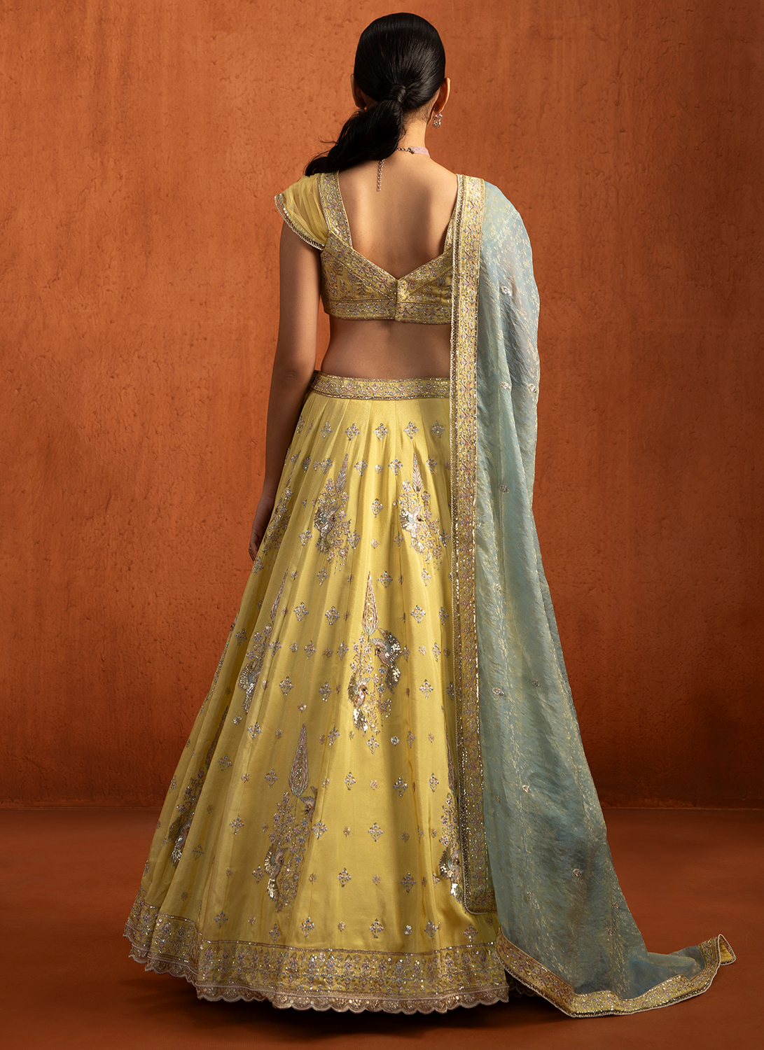 Yellow Embroidered Viscose Tissue Lehenga