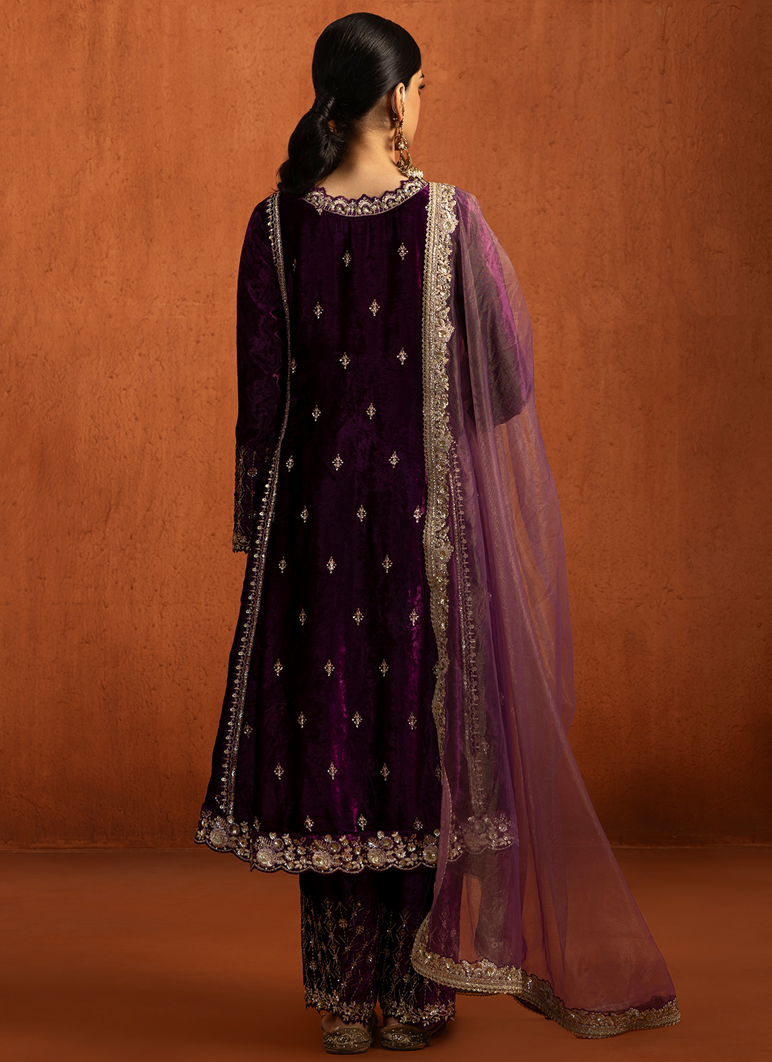 Purple Embroidered Velvet Straight Suit