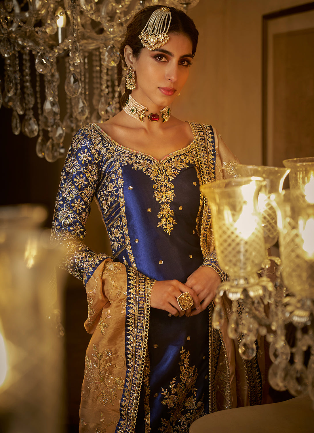 Royal Blue Embroidered Straight Suit
