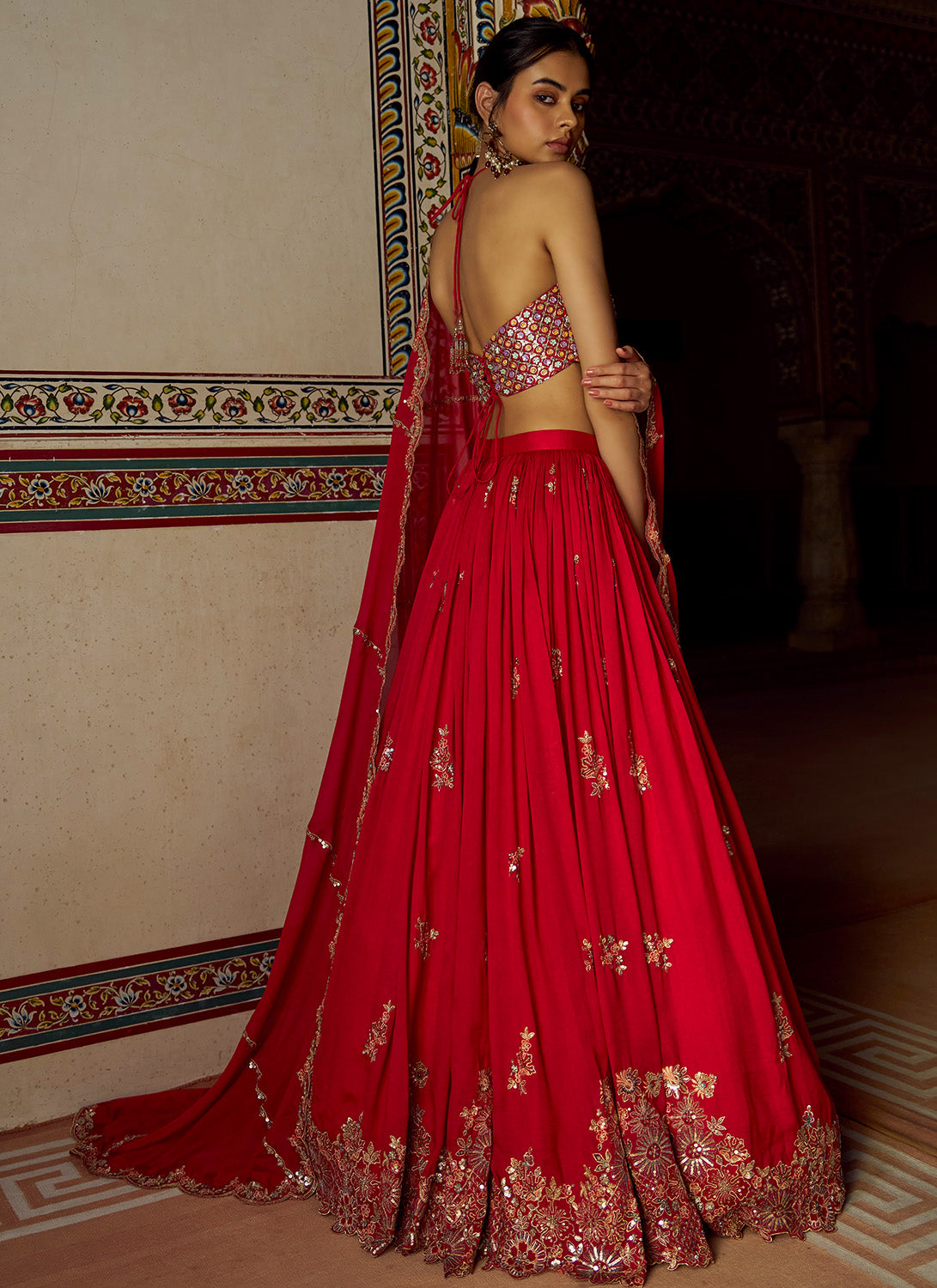Red Embroidered Silk Lehenga