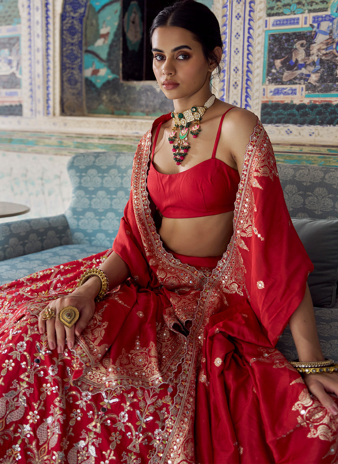 Red Embroidered Viscose Silk Lehenga