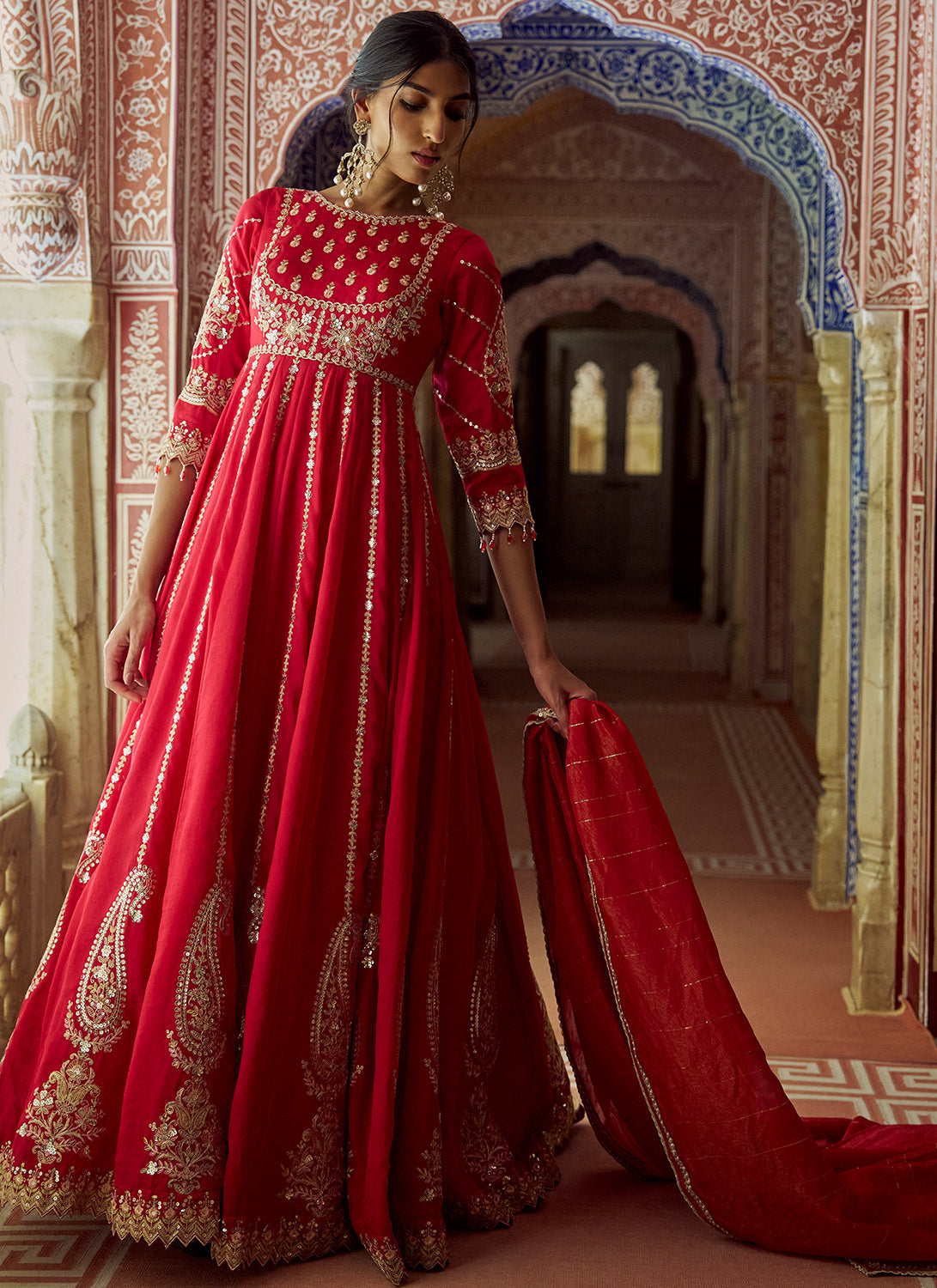 Red Embroidered Silk Anarkali