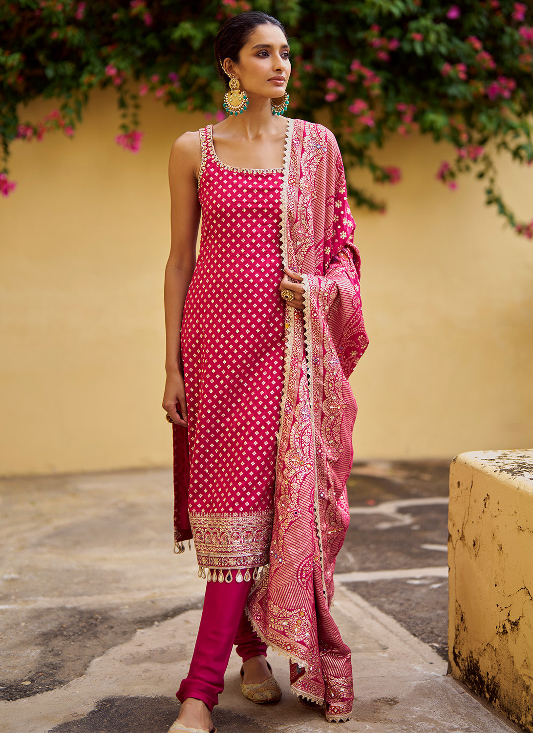 Hot Pink Embroidered Viscose Silk Straight Suit