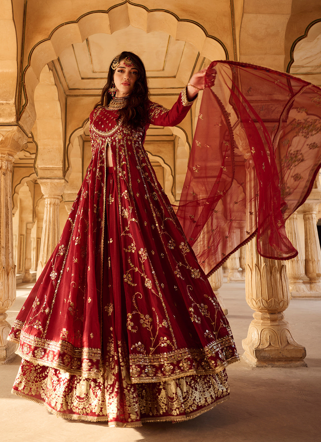 Maroon Embroidered Georgette Anarkali Stye Lehenga