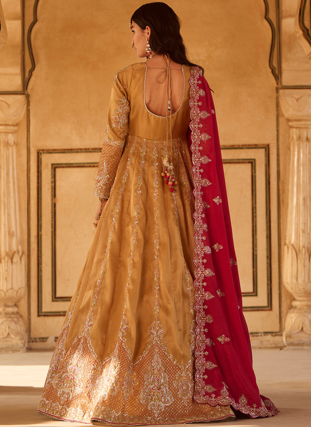Mustard Yellow and Hot Pink Embroidered Anarkali