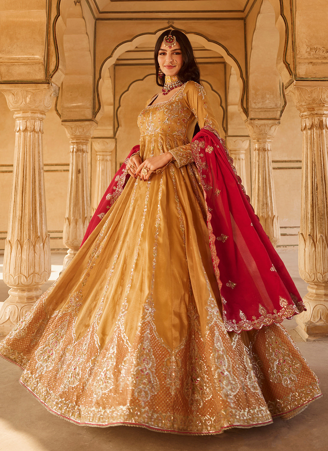 Mustard Yellow and Hot Pink Embroidered Anarkali