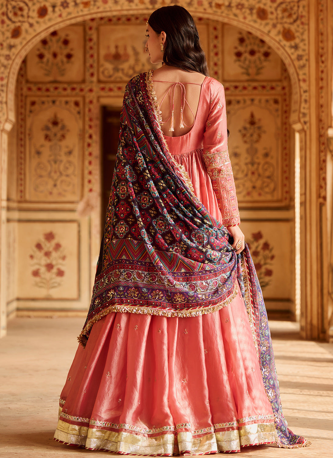 Coral Embroidered Silk Anarkali