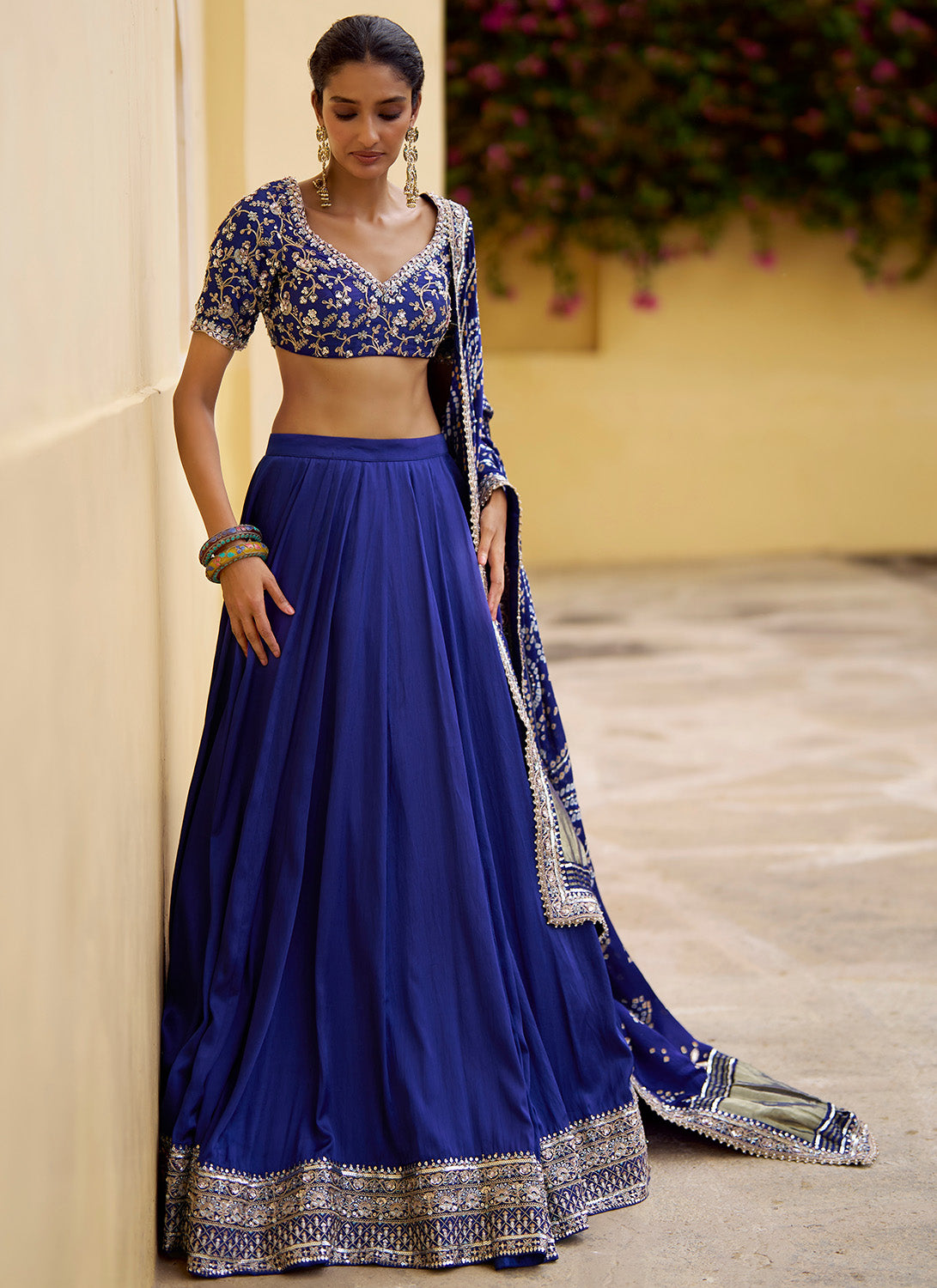 Royal Blue Embroidered Pure Bandhani Lehenga