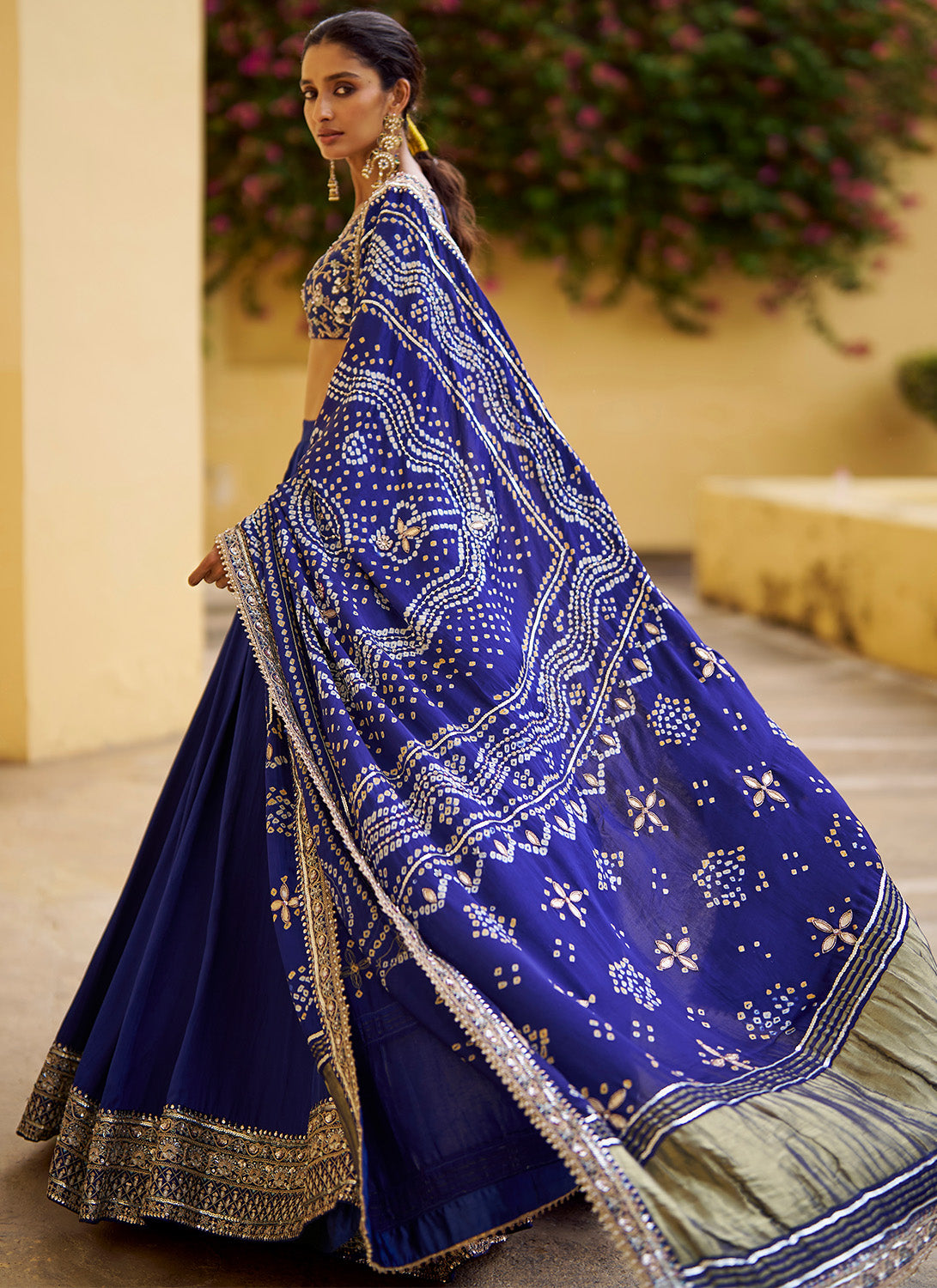 Royal Blue Embroidered Pure Bandhani Lehenga