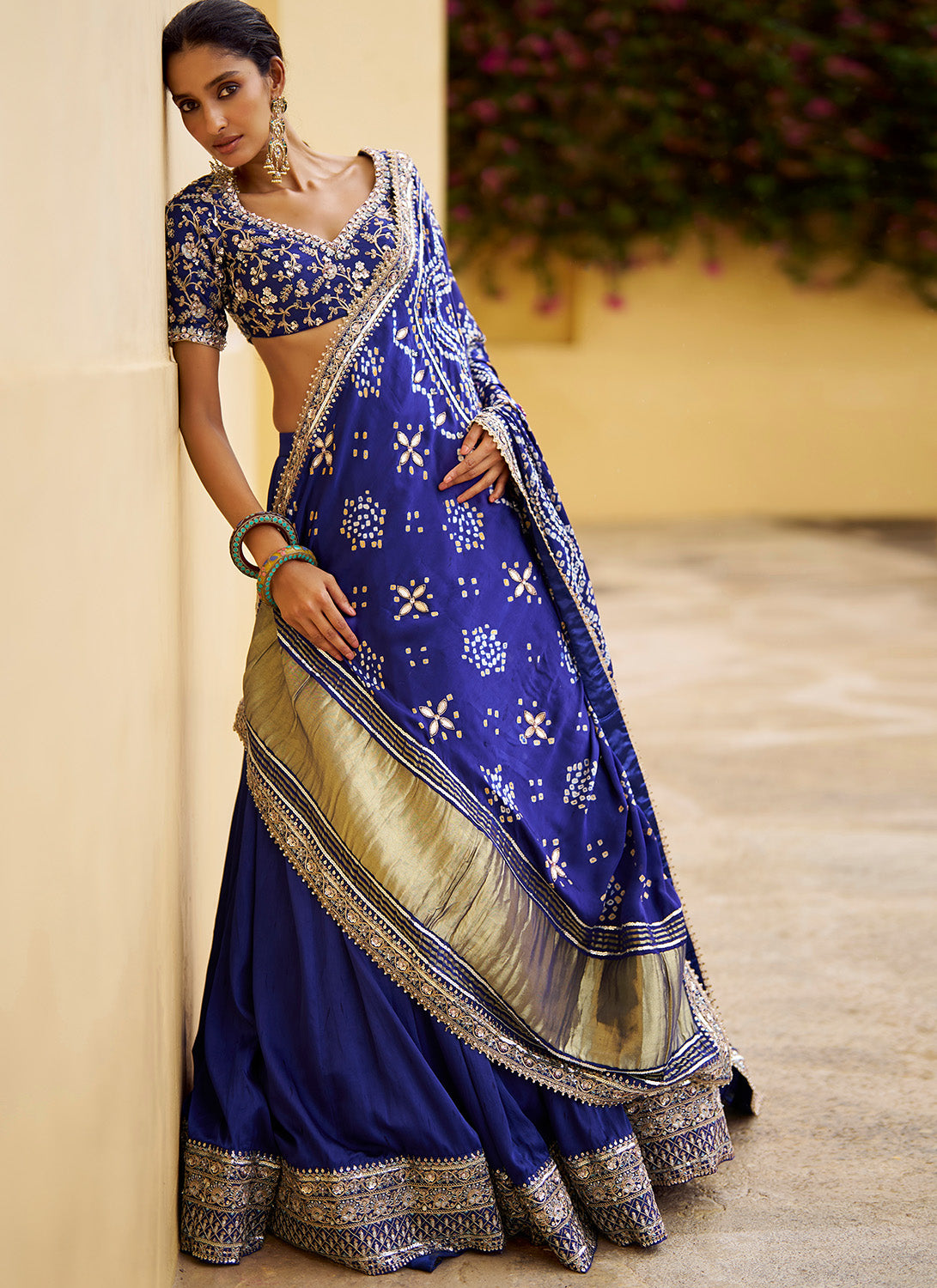 Royal Blue Embroidered Pure Bandhani Lehenga