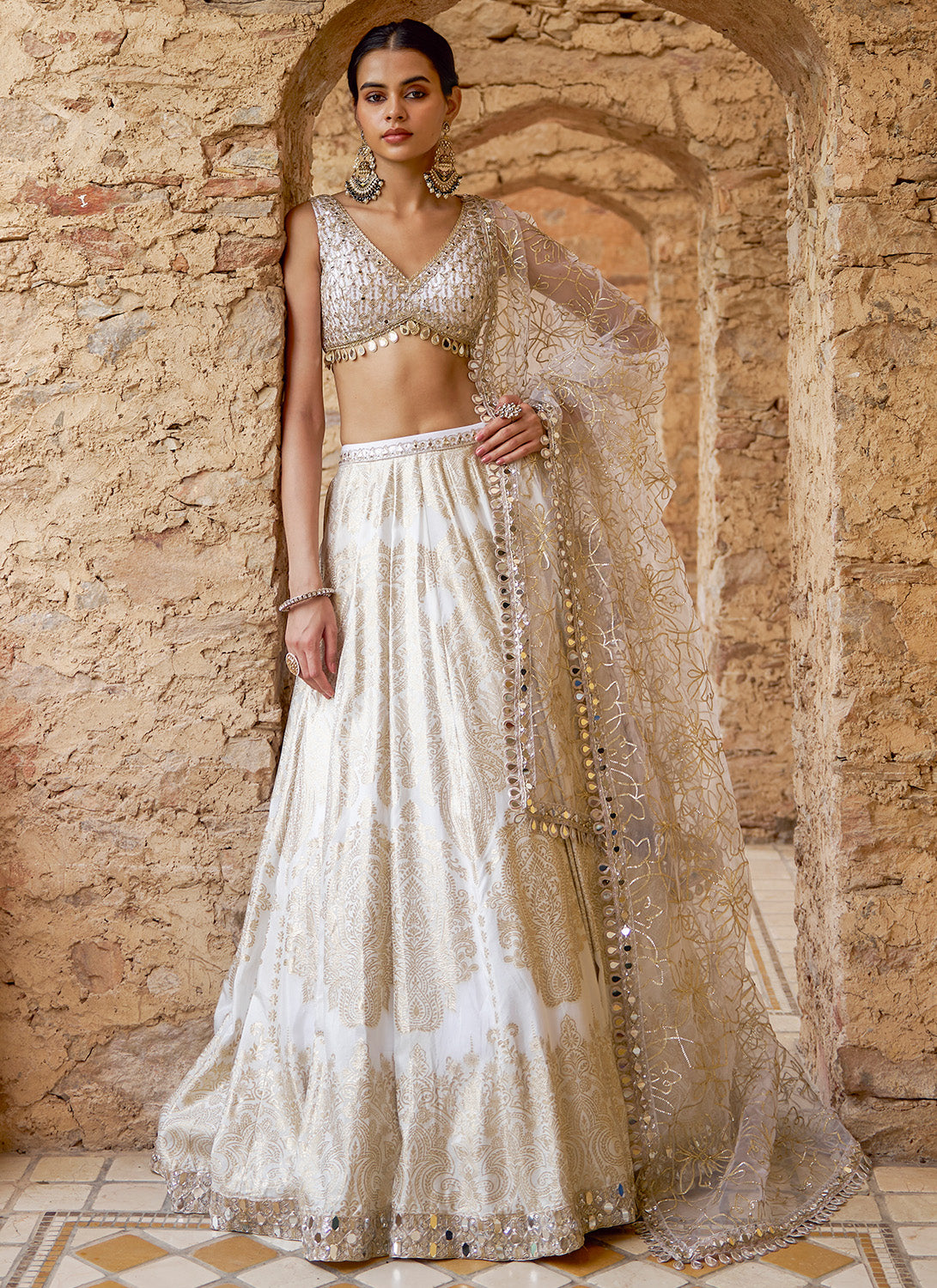 White and Gold Embroidered Viscose Brocade Lehenga
